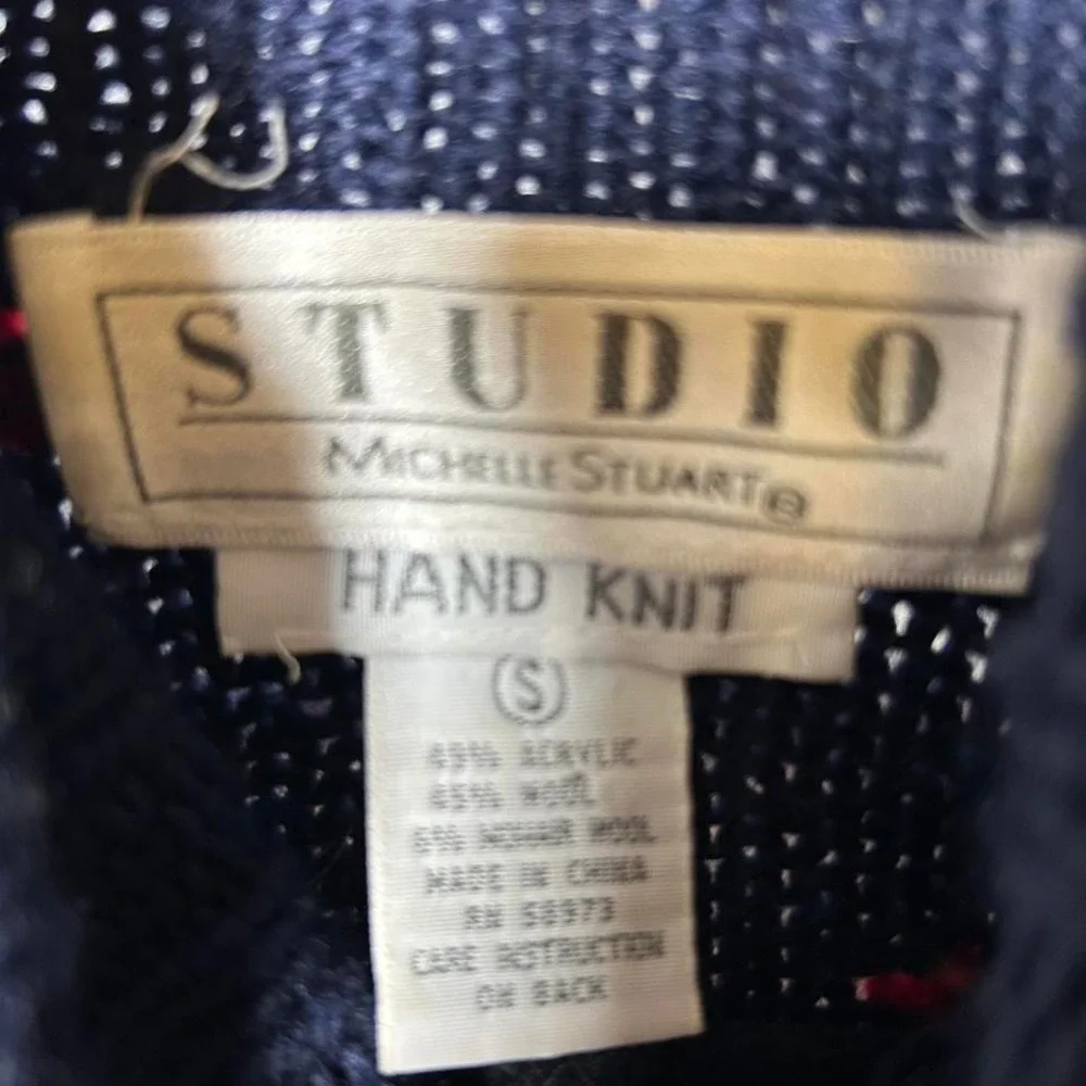 Vtg Studio Michelle Stuart Hand Knit Womens Mohair Sweater Navy Blue Fair Isle M - Picture 3 of 3